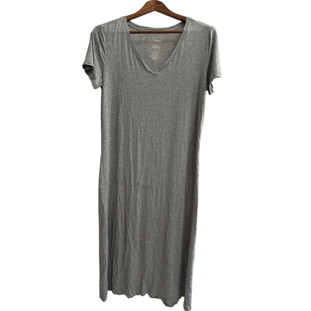Sonoma Intimates Everyday Sleep Shirt Maxi Dress Gray Size L V Neck Side Slits